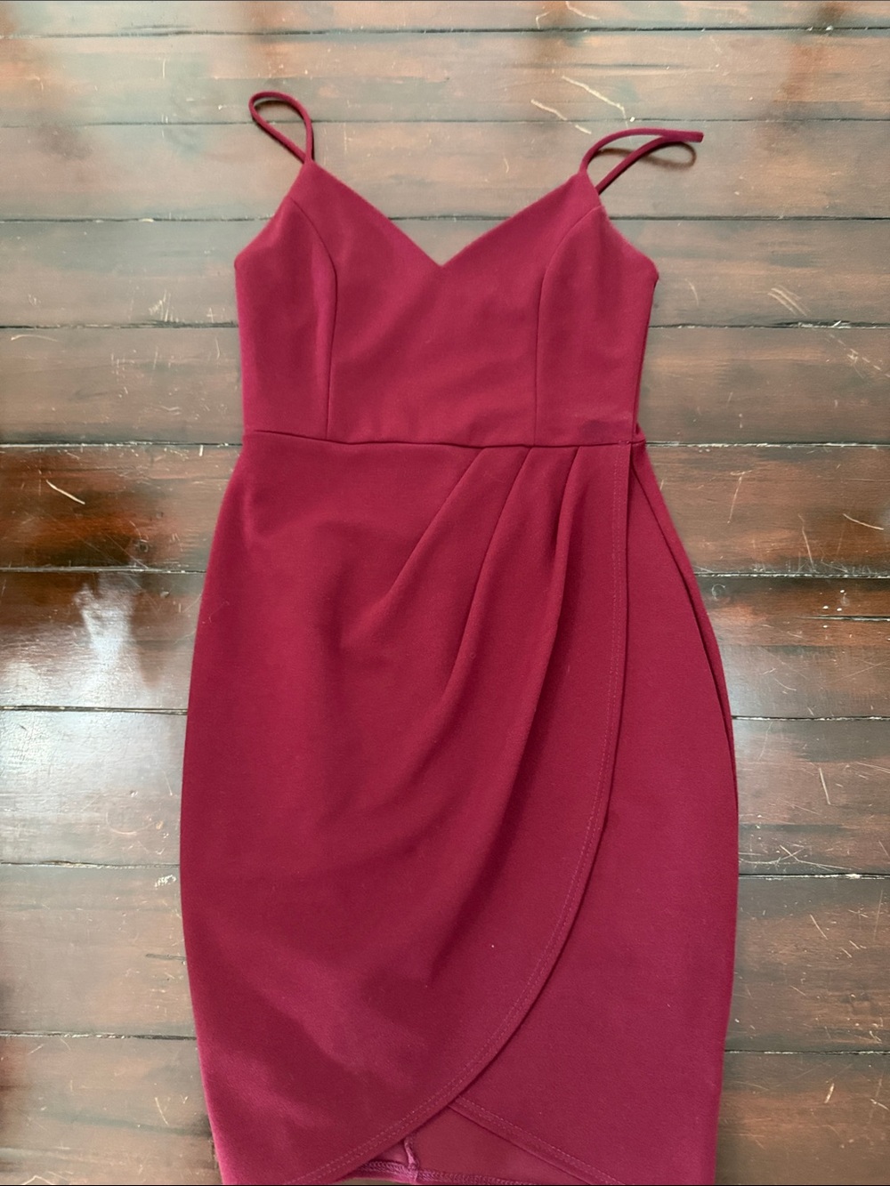 Lulu's Deep Wine Spaghetti-Strap Wrap-Front Bodycon Dress